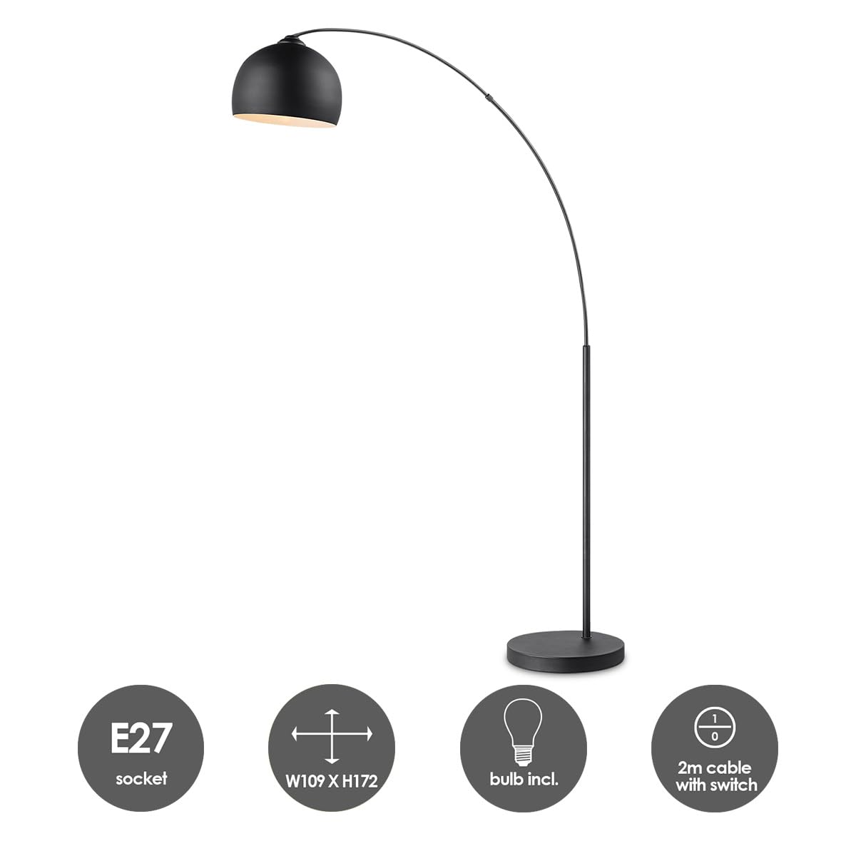 Home Sweet Home Bogenlampe Stehlampe Schwarz Metall 172cm, Stehleuchte Wohnzimmer Industrial Design, E27 Bogenleuchte mit Fußschalter & LED