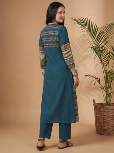 Image of INDO ERA Women's Green Silk Blend Floral Embroidered Straight Festive Kurta & Pant with Dupatta Set