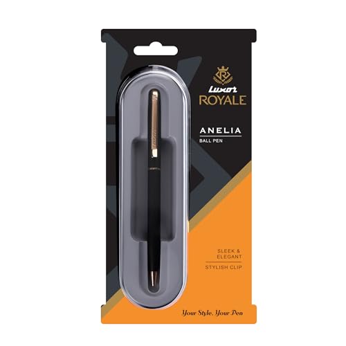 Image of Luxor Royale, Anelia, Ball Pen, Pack of 1, Matte Black Body, Ink Colour- Blue, Gold Trim, Stylish Clip, Regal & Elegant, Durable and Stylish Writing Instrument, Ideal Pen For Gifting