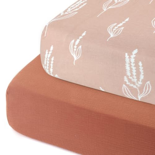 Image of GRSSDER 100% Cotton Muslin Crib Sheet 2 Pack - Breathable & Ultra-Soft Fitted Crib Sheets for Standard Baby & Toddler Mattresses, 52 inchx28 inch with 9 inch Deep Pocket, Snug Fit All-Around Elastic
