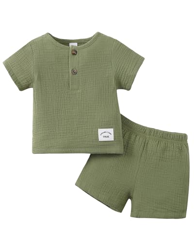 Image of Jecson Toddler Boy Summer Outfits Cute Baby Boy Outfits 2 Piece Set Crew Neck Button Top and Solid Shorts 6M-3T