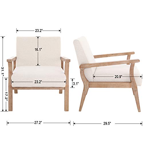 Hny Mid Century Armchair With Wood Frames, Linen Upholstered Living Room Arm Chair, For Living Room, Bedroom, Ivory #TOP5