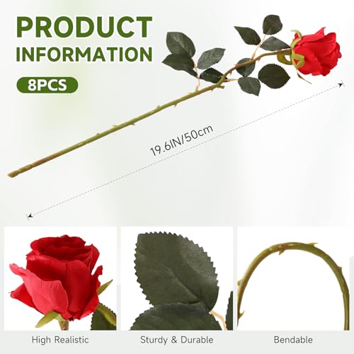 Image of Tifuly 12PCS Rose Artificial Flower, Single Stem Fake Floral Bridal Wedding Bouquet, Realistic Blossom Flora for Home Garden Party Hotel Office Decorations (Red)