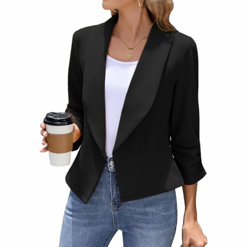 Women's Blazer 3/4 Sleeve Open Front Blazers Slim Fit Casual Work Lightweight Suit Jacket S, Black2