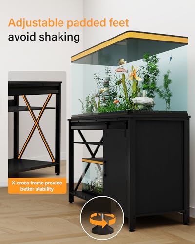 Image of 55 Gallon Fish Tank Stand, Large Aquarium Stand with Accessories Storage, Double Tankl Stand, Metal Frame Reptile Tank Table, 850LBS Capacity (Black, 55-75 Gallon)