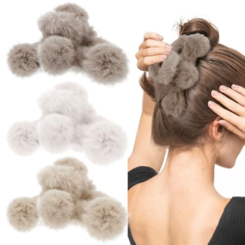 TIHEBAX Fuzzy Hair Clips 3PCS 5.5IN Fluffy Hairball Claw Clip Jumbo Large Claw Clips for Thick&Long Hair Strong Hold Soft Faux Hair Clip Cute Plush Hair Claws for Women&Girls Beige Khaki Brown