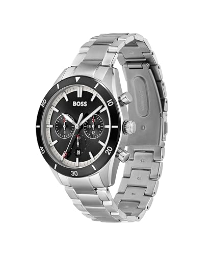 Image of Hugo Boss Stainless Steel Santiago Analog Black Dial Men Watch-1513862, Silver Band