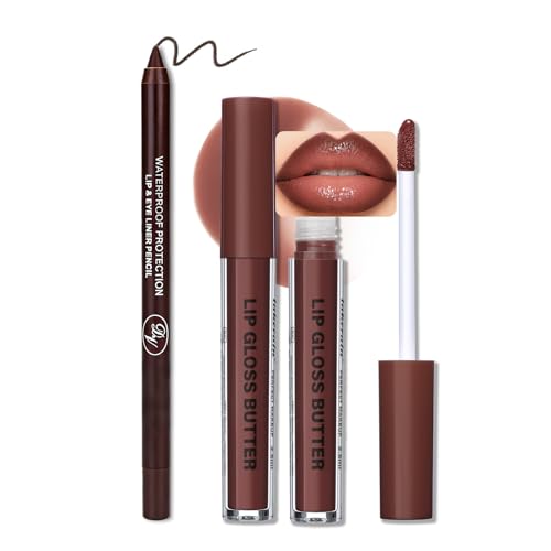Image of 2PCS Lip Gloss with Brown Lip Liner Lip Combo Set - Chocolate Kiss Deep Brown Shade for Defined Contour Lips, Lip Plumping Effect, High Shine Glossy Finish, Overlined Lips for Fuller Looking Lips