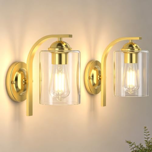 Image of 2-Pack Wall Sconces Lights Lamp for Bedroom Bathroom, Modern Vanity Light Fixtures, Gold Farmhouse Wall Mount Lighting Lanterns with Clear Glass Shade for Living Room Mirror Hallway Kitchen