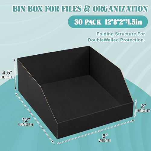 Image of Fuyoooo 30 Pack 12 x 8 x 4.5 Inches Cardboard Storage Bins Open Top Bin Boxes Black Corrugated Shelf Organizer Bins for Pantry, Parts, Garage, Snacks, Bottles, Cans or Warehouse Home Cubby
