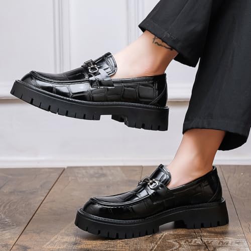 Image of Mens Patent Leather Slip-On Platform Dress Horsebit Loafer Low Heels Round Toe Non-Slip Penny Shoes for Formal Business Wedding