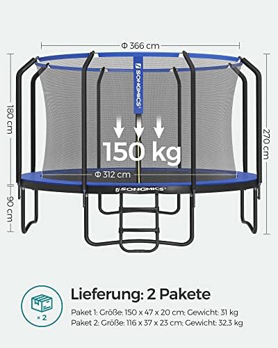 7. Bild von SONGMICS Trampolin Outdoor Ø 244/305/366/427 cm, rundes Gartentrampolin mit Sicherheitsnetz und Leiter, Randabdeckung, gepolstertes Gestell, für Kinder