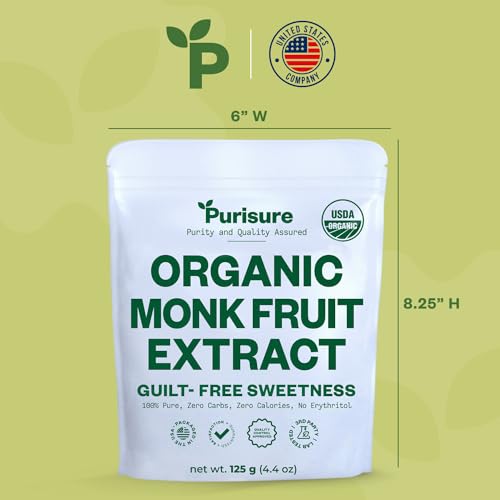 Purisure Organic Monk Fruit Extract, 125g, 400 Servings, Organic Pure Monk Fruit Sweetener Without Erythritol, Non-Glycemic, Zero-Calorie, Zero-Carb, Powdered Monkfruit Sweetener for Keto and Paleo