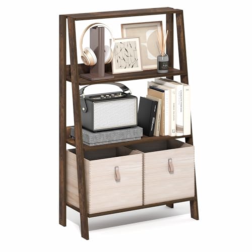 Image of Furinno Ladder 4-Tier Book Shelf, Open Frame Ladder Shelf, Amber Pine | 10.9 x 23.6 x 38.4, Bookcase, Standing Display Storage Shelves, Storage Rack, for Organization, Living Room, Home Office