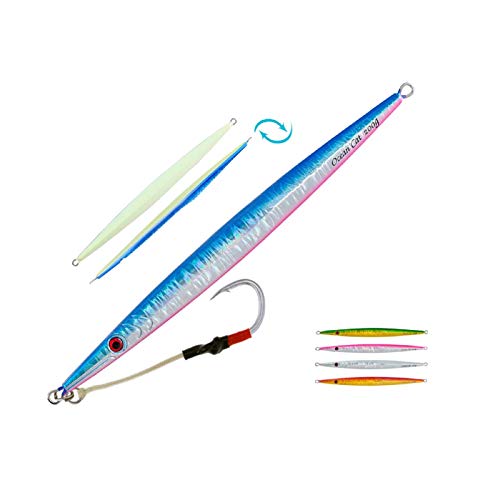Slow Pitch Vertical Metal Lead Jig Jigging Fishing Lures 5 Colors Glow 160g/200g/250g/300g (#023: Blue&Silver(1 PC), 160g)