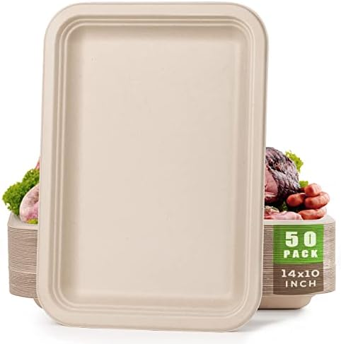 Gezond 50 Pack 14-inch Disposable Food Serving Trays Heavy-Duty Large Paper Plates Compostable Sugarcane Platters for Crawfish
