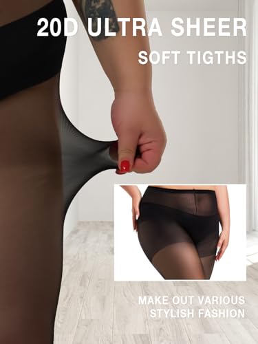 Image of MERYLURE Plus Size Sheer Tights for Women,20D Control Top Pantyhose Reinforced Toes High Waist Stockings 3 Pairs 1XL-6XL