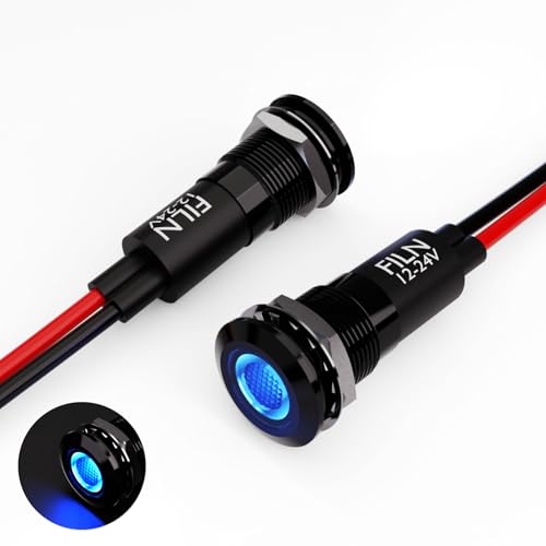 FILN 2PCS 12mm (1/2") Blue LED indicator Light Waterproof Metal Signal Lamp 5V 12V 24V IP67 Pilot Dash Head for Car Industrial equipment Light (12v-black shell Blue 2PCS)