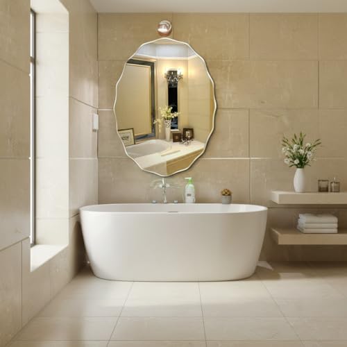 Image of Frameless Oval Shape Beveled Wall Mirror - 24x18 Inch | Glass Mirror for Wall Decoration | Unframed Decorative Vanity Mirrors for Bathroom, Living Room, Wash Basin, Bedroom