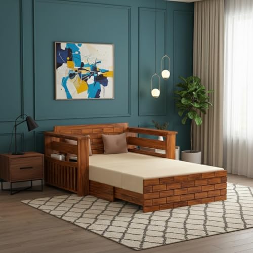 Image of Solid Sheesham Wood Sofa Cum Bed 2 Seater | Wooden Foldable Double Bed for Living Room with Headboard & Storage | Bed Cum Sofa with Mattress for Bedroom Furniture (Honey Finish)