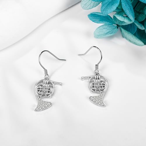 French Horn Gifts Sterling Silver Music Instrument Dangle Earrings for Women - Thumbnail 4