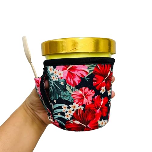 Lit Handlers Ice Cream Cooler Sleeve - Neoprene Ice Cream Pint Holder with Handle and Pocket -Tear Resistant Cooler & Container -Leak Proof Cup Cover for Frozen Desserts(Hibiscus)