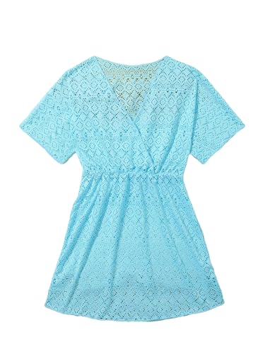 SHENHE Girl's Chiffon V Neck Short Sleeve Drawstring Beach Dress Cover Up Kimono