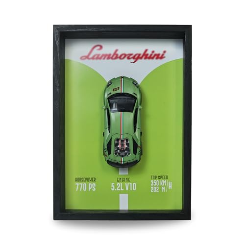 Image of CodersParadise Lamborghini Huracan EVO Green 3D Car Frame Wall Art- 1:32 Die-Cast Metal Model with Wooden Display Frame| Detachable Miniature, Interchangeable Posters, Pull-Back Action & Opening Doors