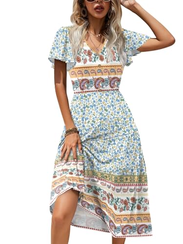 Image of Zeagoo Women's Summer Casual Dress Flutter Short Sleeve V Neck Button Down Tiered Flowy Long Dress with Pockets