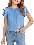 Haloumoning Girls Pleated Ruffle Short Sleeve Shirts Kids Summer Crewneck T-Shirts Fashion Tops Tees 5-14 Years Sky Blue