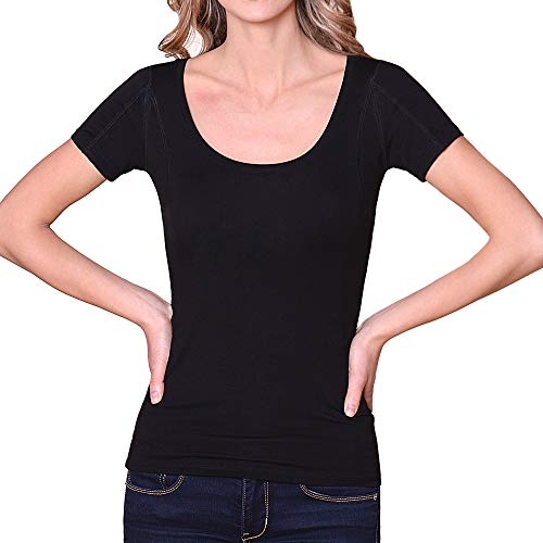 Sweatproof Undershirt for Women, Scoop Neck, Black, Armpit Sweat Pads, Stops Underarm Sweat, Sweat Proof Undergarment