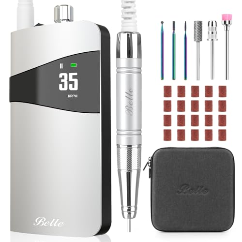 Image of Belle Professional Nail Drill Machine - 35000RPM Brushless Motor Electric Nail File for Acrylic /Gel Nails, Portable E-File with 6 Drill Bits & Sanding Bands, Salon & Home Use Manicure Pedicure Kit