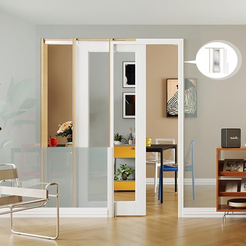 Image of Interior Pocket Door, 1-Lite Mirror Pantry Door Panel with Frame and Hardware Kit Set Plus Door Jamb, 32 inch x 80 inch Single Mirror Closet Door Slab for Sliding Door, No Panel Assembly Required