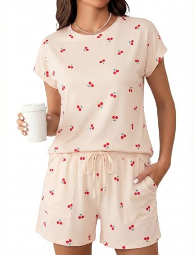 Uniexcosm Pijamas Corto Mujer de Verano, Pijamas para Mujer Algodon con Bolsillos Ropa de Casa Dormir de Manga Corta Conjunto Pijama Color Liso en Cuello Redondo para Casual,Beige Cherry,XXL