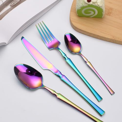 Image of Elegant Handle Rainbow 24 Pcs Stainless Steel Cutlery Set for Dining Table, Dishwasher Safe Glossy Flatware (6 Spoon Set+6 Forks Set+6 Butter Knife+6 Dessert Spoon)