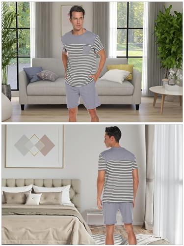 Men's Pajama Set Cotton Pajamas Striped Short Sleeve & Shorts Pjs Sets Sleepwear Summer Lounge Set with Pockets2