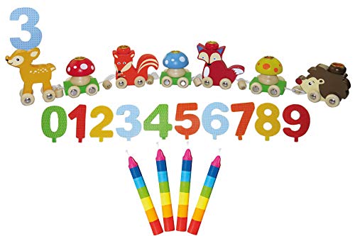 Ameisenkeks ® Set mit Inware Geburtstagszug Tiere mit Kerzenhaltern, Zahlen 0–9 & 10 bunten Kerzen – Holz Deko Geburtstagstisch – Kerzenständer Kindergeburtstag – kein Spielzeug