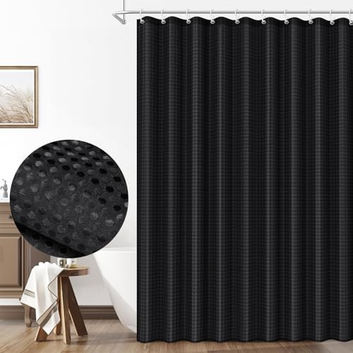 LUKDUNG Duschvorhang Waffel, 180x200cm Waffel Duschvorhang Waschbar Textil, Polyester Stoff Shower Curtain mit 12 Duschvorhangringe, Schwarz