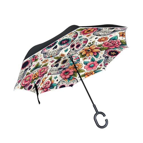 ALAZA Sugar Skull Day Of Dead Flower Windproof Inverted Open Close Reverse Rain Umbrella Inside Out Quality Waterproof Parasol Upside Down Stick Shelter with Hook c Handle