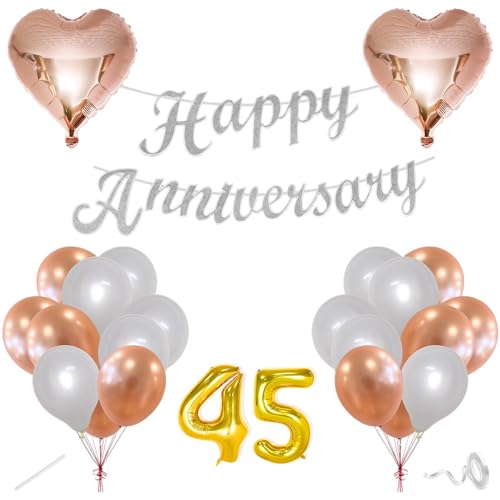 Image of Flyloons 45th Happy Anniversary Decoration Items Rose Gold White for Men Women Husband Wife Mom Dad Parent Couple Home Bedroom Car With 20 Pcs Metallic Balloons Anniversary Banner 2 Pcs Heart Set Kit