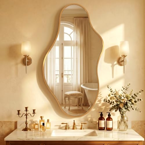 Image of Bathroom Mirror for Over Sink-Gold Room Decor Wall Mirror 20 inchx 36 inch | Irregular Wall Mirror - Asymmetrical Abstract Mirror Unique for Bedroom, Living Room, Cloakroom, Entryway
