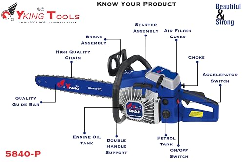 Image of YKING 5840-P,58 CC HEAVY DUTY 2 STROKE PETROL CHAINSAW, CHAINSAW FOR TREE CUTTING, 2.4 KW WOOD CUTTING MACHINE WITH 22 inch BAR & CHAIN