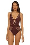 Becca Color Play - Women's One Piece Swimsuit, Plunge Neck, Crochet, Bathing Suits for Women, Brown, Medium