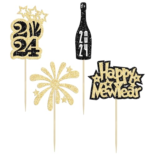Gyufise 24Pcs Happy New Year Cupcake Toppers 2024 Happy New Year Party Decorations Gold Black Glitter Firework 2024 Cupcake topper Cheers to 2024 Cake Picks for New Year Eve Party Supplies - Image 3
