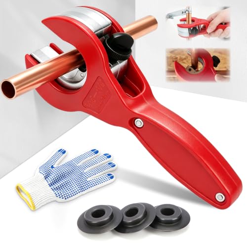 Ratcheting Pipe Cutter for Close Quarters, Ratchet Pipe Cutter for Hard Copper, PVC, PPR & Plastic Tubing, Smooth Clean Cuts, Compact Low-Swing Cutter with Extra Blade & Gloves, 5/16"–1-1/8" by xoermioy - Used condition - US$7.19