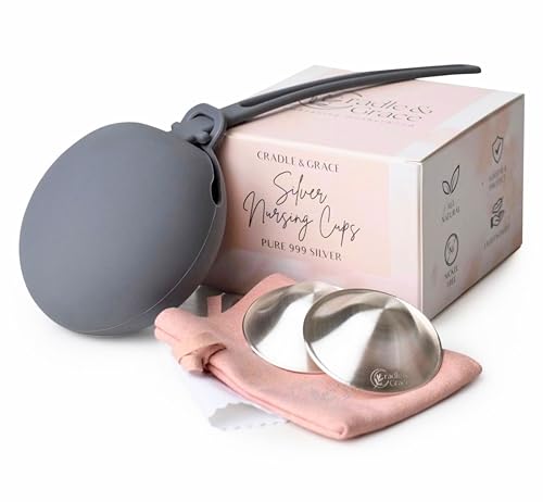 Image of Cradle & Grace Pure 999 Silver Nursing Cups with Gray Carrying Case, Silver Nipple Shields for Breastfeeding Newborn, Silver Nipple Covers Breastfeeding Kit, Regular