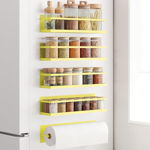 Image of Magnetic Spice Rack For Refrigerator Magnetic Fridge Shelf For Kitchen Spice Organizer Magnetic Shelf For Fridge Space Saving Yellow 4 Pack With Magnetic Paper Towel Holder