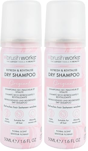 Brushworks Refresh & Revitalise Floral Dry Shampoo 50ml - Travel Size, No Rinse, Oil Absorbing Hair Refresher, Instant Volume, All Hair Types, Floral Scent, Vegan & Cruelty-Free (Pack of 2)