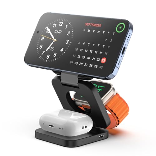 X55 Fast Wireless Charger, Magnetic Foldable 3 in 1 Charging Station for iPhone 15/14/13/12/Pro/Plus/Pro Max, 5W Portable Charger for Apple Watch9/8/7/6/5/4/3/2/SE, for Airpods3/2/Pro-White