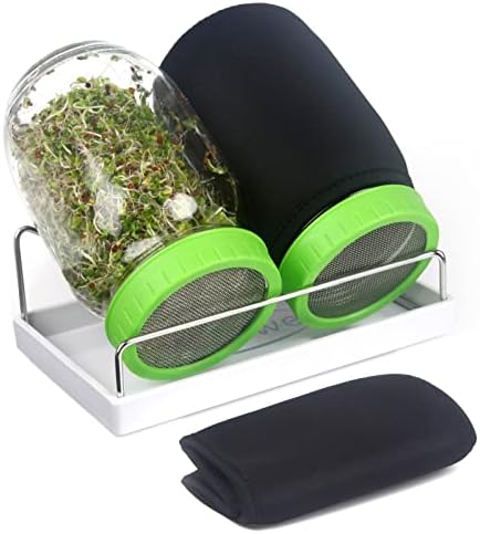 Seed Sprouting Jar Kit with Wide Mouth Mason Jars, Premium Stainless Steel Screen Sprout Lids, Blackout Sleeves, Tray and Sprouter Stand - Growing Broccoli, Alfalfa, Mung Beans and More